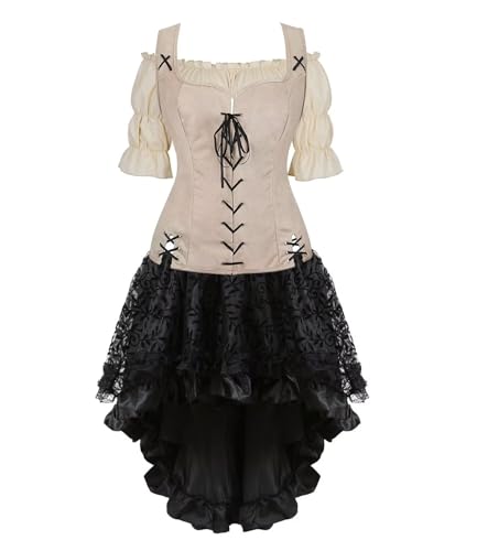 BIEGMAI Mittelalter Kostüm Damen Set mit Schnürung Mieder Weste Geeignet für Renaissance Steampunk Themen Ideal für Cosplay Halloween Mottoparty (Beige6505khaki, 3XL) von BIEGMAI