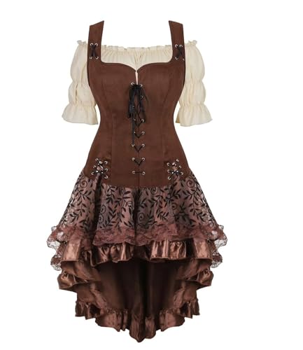 BIEGMAI Mittelalter Kostüm Damen Set mit Schnürung Mieder Weste Geeignet für Renaissance Steampunk Themen Ideal für Cosplay Halloween Mottoparty (Coffee6505khaki, XXL) von BIEGMAI