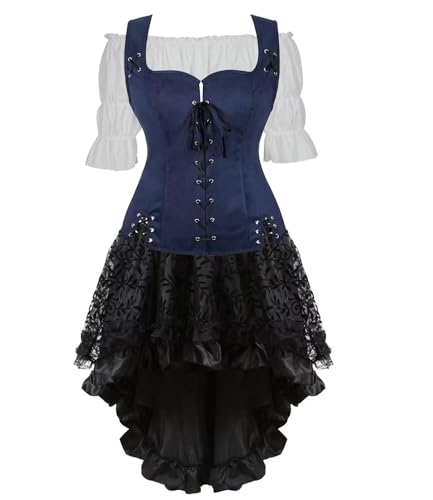 BIEGMAI Mittelalter Kostüm Damen Set mit Schnürung Mieder Weste Geeignet für Renaissance Steampunk Themen Ideal für Cosplay Halloween Mottoparty (Dark Blue6505white 3set, XS) von BIEGMAI