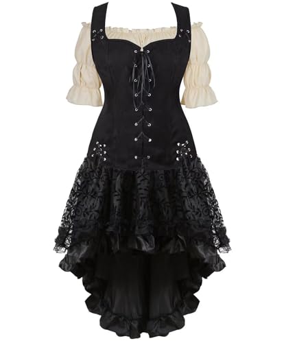 BIEGMAI Mittelalter Kostüm Damen Set mit Schnürung Mieder Weste Renaissance Steampunk Anzug für Cosplay Halloween Mottoparty (Black6505khaki, L) von BIEGMAI