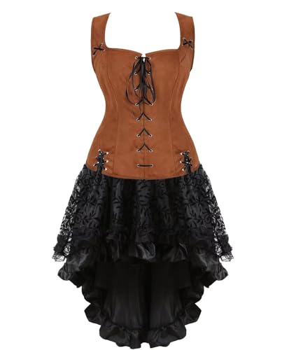 BIEGMAI Mittelalter Kostüm Damen Set mit Schnürung Mieder Weste Renaissance Steampunk Anzug für Cosplay Halloween Mottoparty (Brown6505white, M) von BIEGMAI