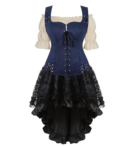 BIEGMAI Mittelalter Kostüm Damen Set mit Schnürung Mieder Weste Renaissance Steampunk Anzug für Cosplay Halloween Mottoparty (Dunkelblau6505khaki, M) von BIEGMAI
