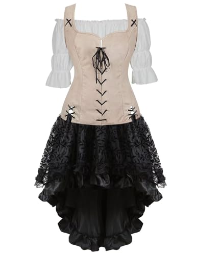 BIEGMAI Mittelalter Kostüm Set Damen mit Schnürung Mieder Weste Geeignet für Renaissance Steampunk Themen Ideal für Cosplay Halloween Mottoparty (Beige6505white 3set, 3XL) von BIEGMAI