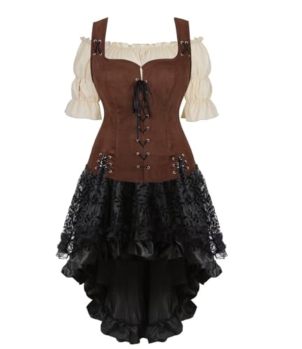 BIEGMAI Mittelalter Kostüm Set Damen mit Schnürung Mieder Weste Geeignet für Renaissance Steampunk Themen Ideal für Cosplay Halloween Mottoparty (Coffee65057056khaki, M) von BIEGMAI
