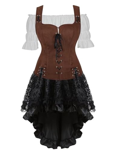 BIEGMAI Mittelalter Kostüm Set Damen mit Schnürung Mieder Weste Geeignet für Renaissance Steampunk Themen Ideal für Cosplay Halloween Mottoparty (Coffee6505white 3set, L) von BIEGMAI
