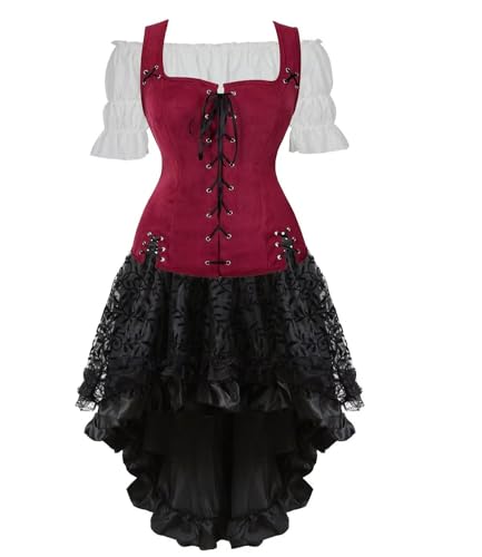 BIEGMAI Mittelalter Kostüm Set Damen mit Schnürung Mieder Weste Geeignet für Renaissance Steampunk Themen Ideal für Cosplay Halloween Mottoparty (Weinrot6505white 3set, XXL) von BIEGMAI