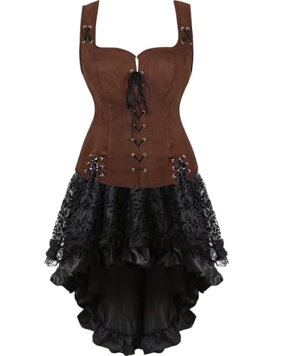 BIEGMAI Mittelalter Kostüm-Set Damen mit Schnürung Mieder Weste Renaissance Steampunk Geeignet für Cosplay Halloween Mottoparty (Coffee6505white, S) von BIEGMAI