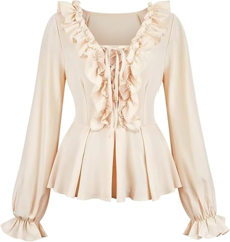 BIEGMAI Mittelalter Renaissance Damen Schulterfrei Bluse Langarm Gesmoktes Gothic Piraten Hemd Bauernstil Vintage Oberteil für Cosplay/Mottoparty (33001khaki, L) von BIEGMAI
