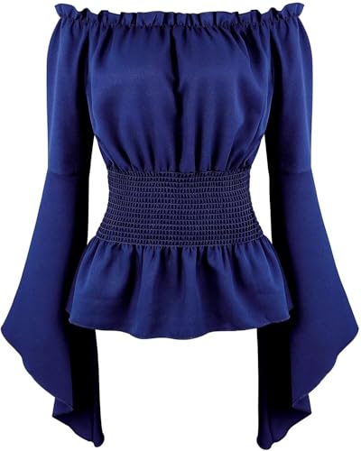 BIEGMAI Mittelalter Renaissance Damen Schulterfrei Bluse Langarm Gesmoktes Gothic Piraten Hemd Bauernstil Vintage Oberteil für Cosplay/Mottoparty (Dunkelblau, S) von BIEGMAI
