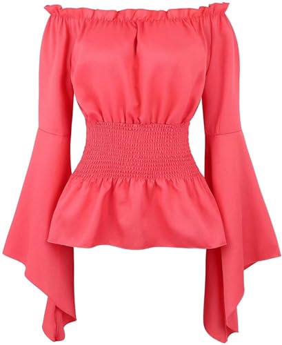 BIEGMAI Mittelalter Renaissance Damen Schulterfrei Bluse Langarm Gesmoktes Gothic Piraten Hemd Bauernstil Vintage Oberteil für Cosplay/Mottoparty (Ju Red, S) von BIEGMAI