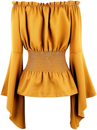 BIEGMAI Mittelalter Renaissance Damen Schulterfrei Bluse Langarm Gesmoktes Gothic Piraten Hemd Bauernstil Vintage Oberteil für Cosplay/Mottoparty (Kurkuma, XS) von BIEGMAI