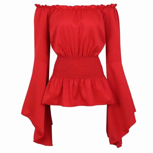 BIEGMAI Mittelalter Renaissance Damen Schulterfrei Bluse Langarm Gesmoktes Gothic Piraten Hemd Bauernstil Vintage Oberteil für Cosplay/Mottoparty (Rot, S) von BIEGMAI