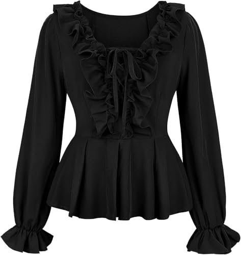 BIEGMAI Mittelalter Renaissance Damen Schulterfrei Bluse Langarm Gesmoktes Gothic Piratenhemd Bauernstil Vintage Oberteil für Cosplay/Mottoparty (33001black, 3XL) von BIEGMAI