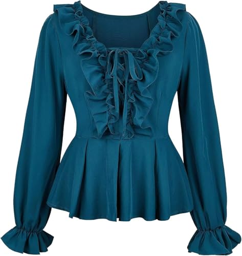 BIEGMAI Mittelalter Renaissance Damen Schulterfrei Bluse Langarm Gesmoktes Gothic Piratenhemd Bauernstil Vintage Oberteil für Cosplay/Mottoparty (33001green, M) von BIEGMAI