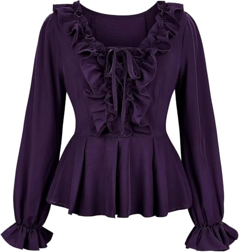 BIEGMAI Mittelalter Renaissance Damen Schulterfrei Bluse Langarm Gesmoktes Gothic Piratenhemd Bauernstil Vintage Oberteil für Cosplay/Mottoparty (33001purple, M) von BIEGMAI