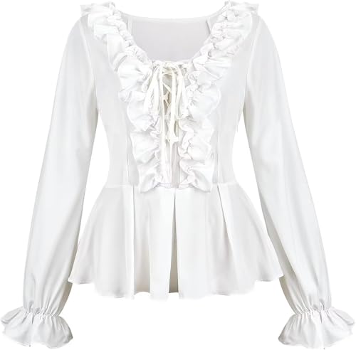 BIEGMAI Mittelalter Renaissance Damen Schulterfrei Bluse Langarm Gesmoktes Gothic Piratenhemd Bauernstil Vintage Oberteil für Cosplay/Mottoparty (33001white, M) von BIEGMAI