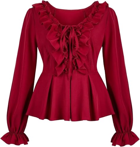 BIEGMAI Mittelalter Renaissance Damen Schulterfrei Bluse Langarm Gesmoktes Gothic Piratenhemd Bauernstil Vintage Oberteil für Cosplay/Mottoparty (33001wine Red, L) von BIEGMAI
