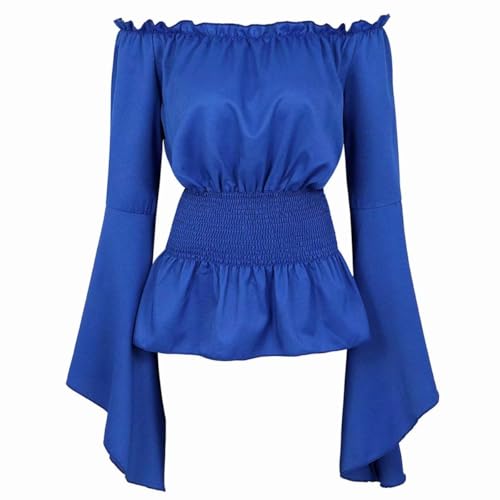 BIEGMAI Mittelalter Renaissance Damen Schulterfrei Bluse Langarm Gesmoktes Gothic Piratenhemd Bauernstil Vintage Oberteil für Cosplay/Mottoparty (Blau, 3XL) von BIEGMAI