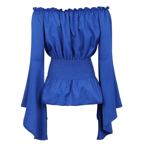 BIEGMAI Mittelalter Renaissance Damen Schulterfrei Bluse Langarm Gesmoktes Gothic Piratenhemd Bauernstil Vintage Oberteil für Cosplay/Mottoparty (Blue1, L) von BIEGMAI