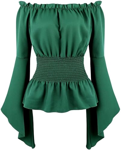 BIEGMAI Mittelalter Renaissance Damen Schulterfrei Bluse Langarm Gesmoktes Gothic Piratenhemd Bauernstil Vintage Oberteil für Cosplay/Mottoparty (Grasgrün, XL) von BIEGMAI