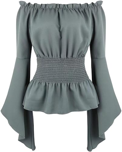 BIEGMAI Mittelalter Renaissance Damen Schulterfrei Bluse Langarm Gesmoktes Gothic Piratenhemd Bauernstil Vintage Oberteil für Cosplay/Mottoparty (Grau, XL) von BIEGMAI