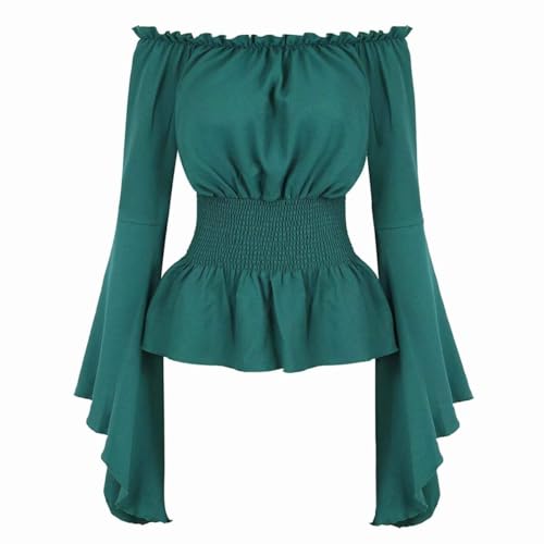 BIEGMAI Mittelalter Renaissance Damen Schulterfrei Bluse Langarm Gesmoktes Gothic Piratenhemd Bauernstil Vintage Oberteil für Cosplay/Mottoparty (Grün, 5XL) von BIEGMAI