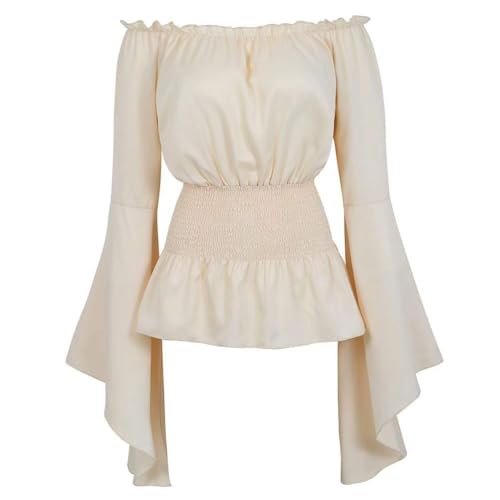 BIEGMAI Mittelalter Renaissance Damen Schulterfrei Bluse Langarm Gesmoktes Gothic Piratenhemd Bauernstil Vintage Oberteil für Cosplay/Mottoparty (Khaki, XXL) von BIEGMAI
