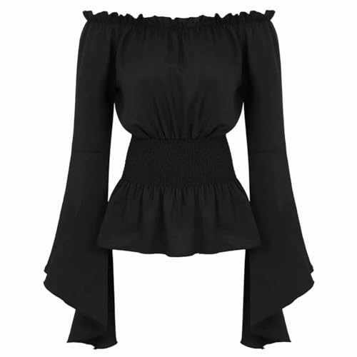 BIEGMAI Mittelalter Renaissance Damen Schulterfrei Bluse Langarm Gesmoktes Gothic Piratenhemd Bauernstil Vintage Oberteil für Cosplay/Mottoparty (Schwarz, 5XL) von BIEGMAI