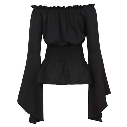 BIEGMAI Mittelalter Renaissance Damen Schulterfrei Bluse Langarm Gesmoktes Gothic Piratenhemd Bauernstil Vintage Oberteil für Cosplay/Mottoparty (Schwarz1, 5XL) von BIEGMAI