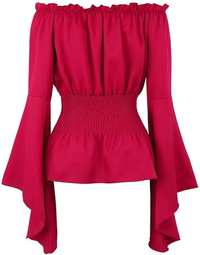 BIEGMAI Mittelalter Renaissance Damen Schulterfrei Bluse Langarm Gesmoktes Gothic Piratenhemd Bauernstil Vintage Oberteil für Cosplay/Mottoparty (Weinrot, XXS) von BIEGMAI