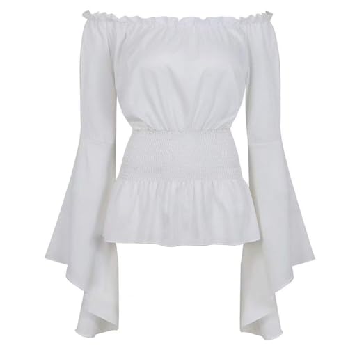 BIEGMAI Mittelalter Renaissance Damen Schulterfrei Bluse Langarm Gesmoktes Gothic Piratenhemd Bauernstil Vintage Oberteil für Cosplay/Mottoparty (Weiß, 3XL) von BIEGMAI