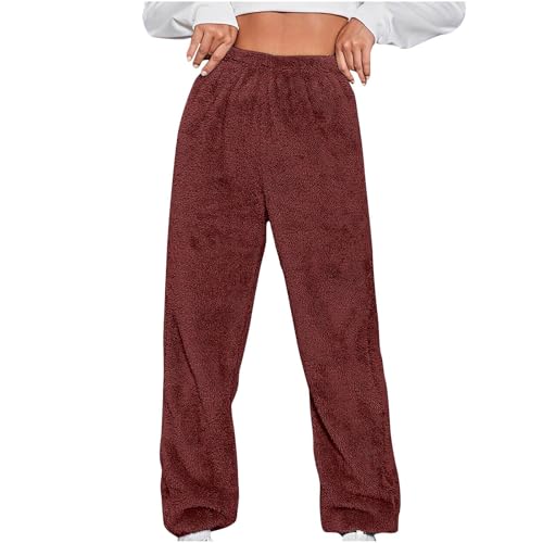 BIEGMAI Pyjamahose für Damen, weich, lässig, Fleece-Hose, Winter, warm, flauschig, Schlaflounge-Hose, Schlafanzug, bequeme Lounge-Hose, Nachtwäsche, Hose (35 Weinrot, XXL) von BIEGMAI