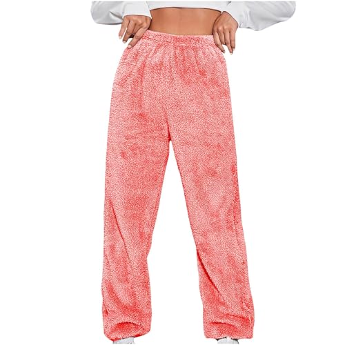 BIEGMAI Pyjamahose für Damen, weich, lässig, Fleece-Hose, Winter, warm, flauschig, Schlaflounge-Hose, Schlafanzug, bequeme Lounge-Hose, Nachtwäsche, Hose (35 rosa rot, L) von BIEGMAI