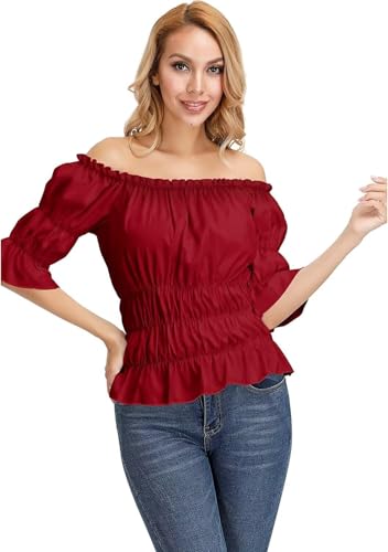 BIEGMAI Schulterfreie Bluse für Damen, Übergröße, Mittelalterliche Renaissance, Pirat, Gothic-Stil, kurzärmeliges Sommerhemd für Damen, weinrot, XXL von BIEGMAI