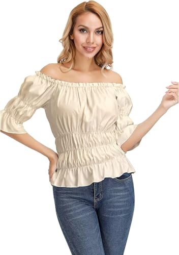 BIEGMAI Schulterfreie Damenbluse in Übergröße, Mittelalter Renaissance, Pirat, Gothic-Stil, kurzärmeliges Sommerhemd für Damen (Khaki, M) von BIEGMAI