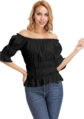 BIEGMAI Schulterfreie Damenbluse in Übergröße, Mittelalter Renaissance, Pirat, Gothic-Stil, kurzärmeliges Sommerhemd für Damen (Schwarz, L) von BIEGMAI
