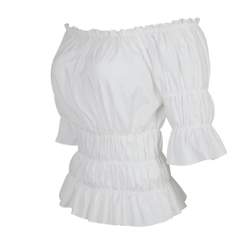 BIEGMAI Schulterfreie Damenbluse in Übergröße, Mittelalter Renaissance, Pirat, Gothic-Stil, kurzärmeliges Sommerhemd für Damen (Weiß, S) von BIEGMAI