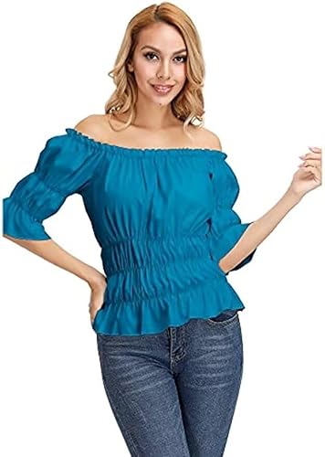 BIEGMAI Schulterfreie Damenbluse in Übergröße, Mittelalterliche Renaissance, Pirat, Gothic-Stil, kurzärmeliges Sommerhemd für Damen (Meeresblau, L) von BIEGMAI