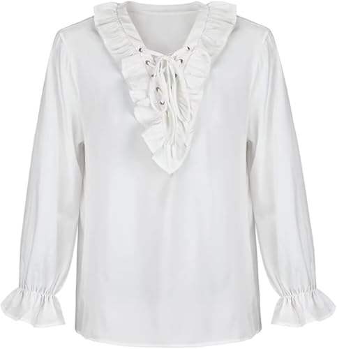 BIEGMAI Unisex Mittelalterliches nordisches Wikinger-Shirt, Pirat, Renaissance, Kapitän, viktorianisches Oberteil, Festival, Halloween-Kostüm, Outfit (Weiß, M) von BIEGMAI
