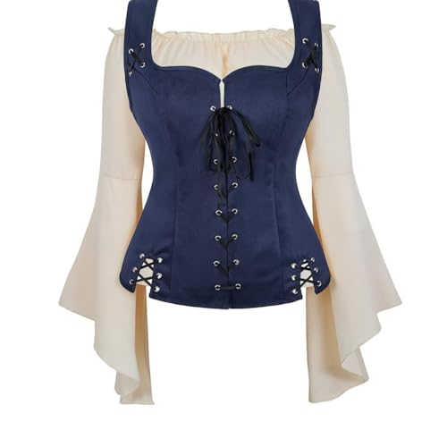 Damen Renaissance Mittelalter Wikinger Kostüm 2-teiliges Set: langärmelige Piratenweste Hemd & Miedermantel für Cosplay, Halloween, Mottoparty (Dunkelblau6530khaki, XS) von BIEGMAI