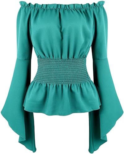 Mittelalter Renaissance Damen Schulterfrei Bluse Langarm Gesmoktes Gothic Piratenhemd Bauernstil Vintage Oberteil für Cosplay/Mottoparty (Bohnengrün, 5XL) von BIEGMAI