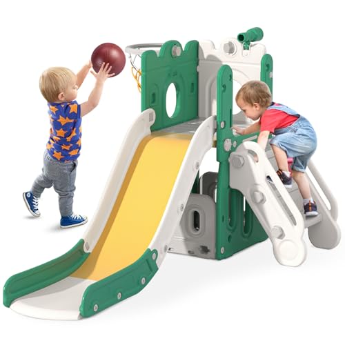 BIERUM 7 in 1 Kleinkind Rutsche, L-förmige Babyrutsche für Kleinkinder Alter 1-3 Jahre mit Basketballkorb, Ringwurf, Stauraum, Outdoor Indoor Rutsche Spielset Kleinkind Spielplatz Grün Gelb BIERUM 7 in 1 Kleinkind Rutsche, L-förmige Babyrutsche für Kleinkinder Alter 1-3 Jahre mit Basketballkorb, Ringwurf, Stauraum, Outdoor Indoor Rutsche Spielset Kleinkind Spielplatz Grün Gelb von BIERUM
