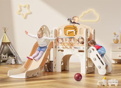 BIERUM 9 in 1 Kleinkind Rutsche, Baby Rutsche für Kleinkinder Alter 1-3 Jahre mit Ringwurf, Basketballkorb und Teleskop, Indoor Outdoor Spielset Spielplatz Beige Kaffee BIERUM 9 in 1 Kleinkind Rutsche, Baby Rutsche für Kleinkinder Alter 1-3 Jahre mit Ringwurf, Basketballkorb und Teleskop, Indoor Outdoor Spielset Spielplatz Beige Kaffee von BIERUM