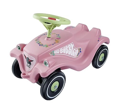 BIG-Bobby-Car Classic Flower - Kinderfahrzeug mit Blumenaufklebern für Jungen und Mädchen, belastbar bis zu 50 kg, Rutschfahrzeug für Kinder ab 1 Jahr, pastell rosa, grün von BIG Spielwarenfabrik