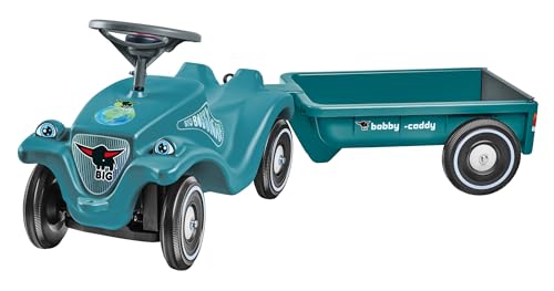 BIG Bobby Car Classic Eco 2.0 mit Anhänger - Rutschauto ab 1 Jahr aus Recycling-Material mit Caddy, Lenkrad und Hupe, für Kinder ab 1 Jahr (bis 50 kg), Türkis mit Grau von BIG Spielwarenfabrik
