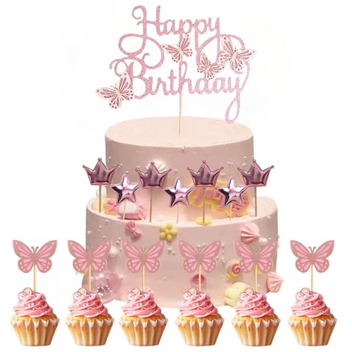 7 x Kuchendekorationen für Mädchen, 3D-Glitzer-Schmetterling, rosa, Kuchendekoration, 1 Tortenaufsatz mit 6 Cupcake-Dekorationen für Mädchen, Geburtstagsparty-Zubehör, Dekor von BIGJIYU
