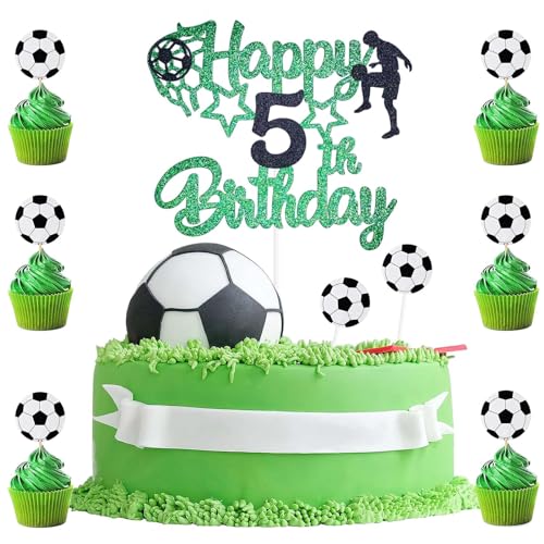 9 Stück Happy Birthday Fußball Tortendeko 5 Jahre,Tortendeko 5. Geburtstag,1 Doppelseitiger Glitter Cake Topper Geburtstag and 8 Fussball Cupcakes Deko für Jungen Sport Party von BIGJIYU