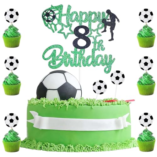 9 Stück Cake Topper Fussball Tortendeko 8. Geburtstag,1 Doppelseitiger Glitter Cake Topper Geburtstag and 8 Fussball Cupcakes Dekorationen für Jungen Theme Sport Party von BIGJIYU