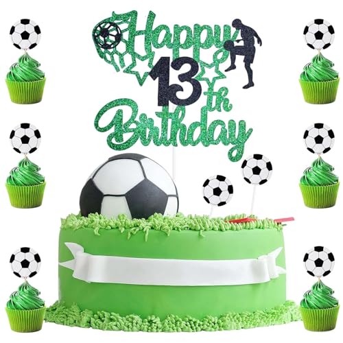 9 Stück Tortendeko Fussball 13. Geburtstag,Happy Birthday Tortendeko 13 Jahre, 1 Doppelseitiger Glitter Cake Topper Geburtstag and 8 Fussball Cupcakes Dekorationen für Jungen Party Dekoration von BIGJIYU