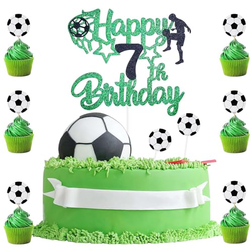 9 Stück Tortendeko Junge 7 Jahre Fussball,Tortendeko 7. Geburtstag, 1 Doppelseitiger Glitter Cake Topper Geburtstag and 8 Fussball Cupcakes Dekorationen für Jungen Theme Sport Party von BIGJIYU